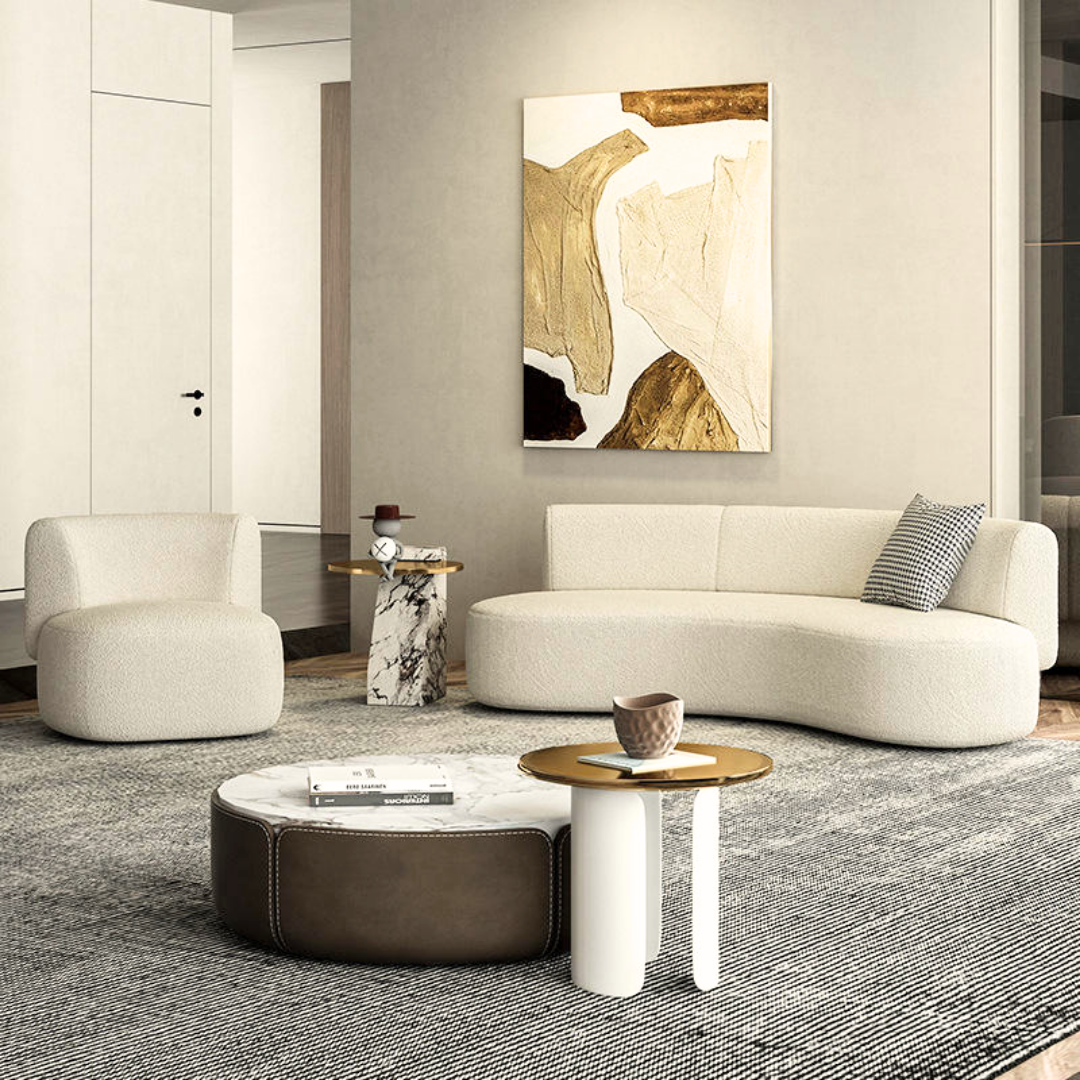 Organisk loungesofa i lyst boucléstoff